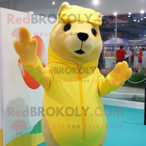 Lemon Yellow Capybara mascot costume character dressed with a Swimwear and Mittens