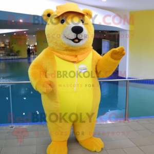 Lemon Yellow Capybara mascot costume character dressed with a Swimwear and Mittens
