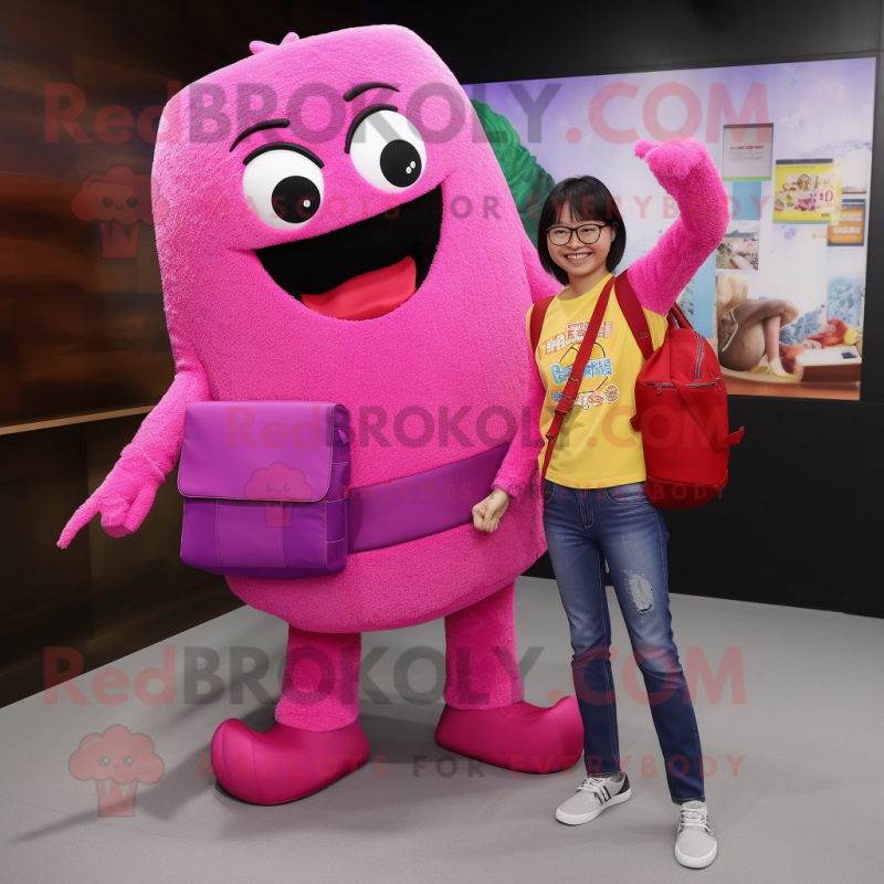 Magenta Fried Rice mascot costume character dressed with a Flare Jeans and Messenger bags