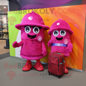 Magenta Fried Rice mascot costume character dressed with a Flare Jeans and Messenger bags