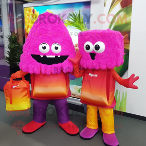Magenta Fried Rice mascot costume character dressed with a Flare Jeans and Messenger bags