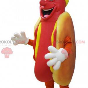 Maskotka gigantyczny hot dog chciwy i uśmiechnięty -