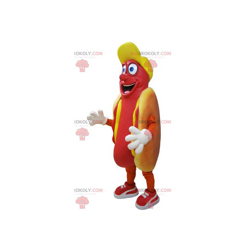 Mascot kæmpe hotdog grådig og smilende - Redbrokoly.com