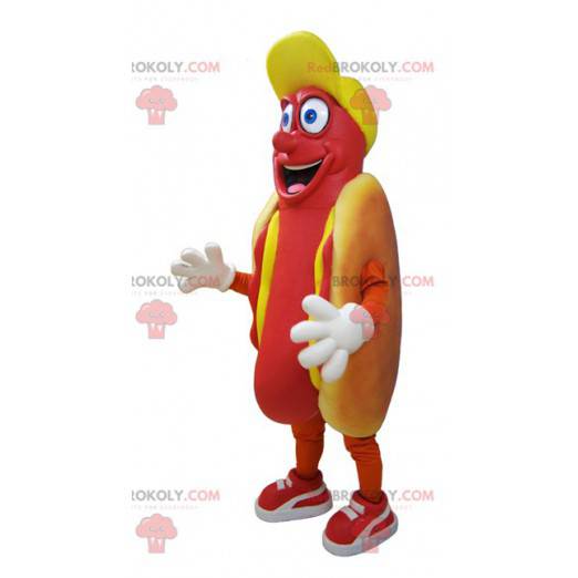 Mascot gigantische hotdog hebzuchtig en lachend - Redbrokoly.com