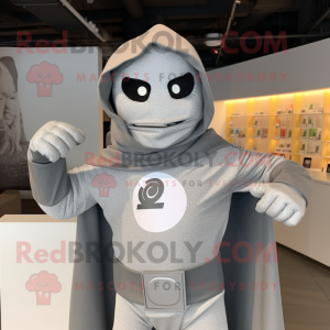 Gray Superhero mascot costume character dressed with a Hoodie and Necklaces