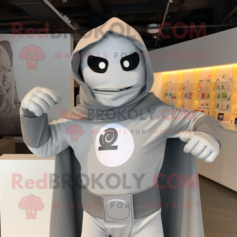 Gray Superhero mascot costume character dressed with a Hoodie and Necklaces Gray Superhero mascot costume character dressed with a Hoodie and Necklaces