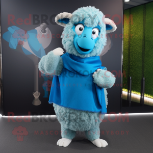 Cyan Merino Sheep mascot costume character dressed with a Flare Jeans and Shawls