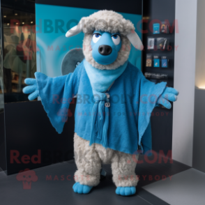 Cyan Merino Sheep mascot costume character dressed with a Flare Jeans and Shawls