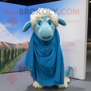 Cyan Merino Sheep mascot costume character dressed with a Flare Jeans and Shawls