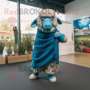 Cyan Merino Sheep mascot costume character dressed with a Flare Jeans and Shawls
