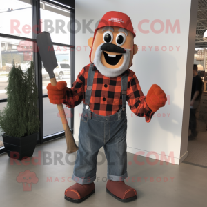 Rust Knife Thrower mascot costume character dressed with a Flannel Shirt and Suspenders