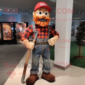 Rust Knife Thrower mascot costume character dressed with a Flannel Shirt and Suspenders