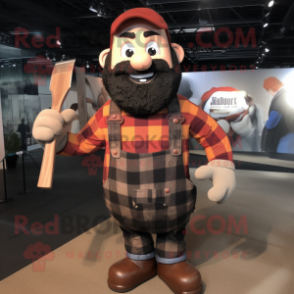 Rust Knife Thrower mascot costume character dressed with a Flannel Shirt and Suspenders