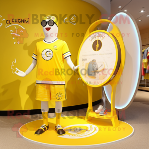 Lemon Yellow Gull mascot costume character dressed with a Board Shorts and Rings