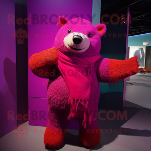 Magenta Bear mascot costume character dressed with a Sweater and Shawl pins