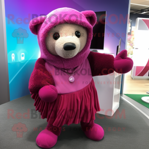 Magenta Bear mascot costume character dressed with a Sweater and Shawl pins