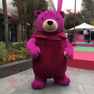 Magenta Bear mascot costume character dressed with a Sweater and Shawl pins