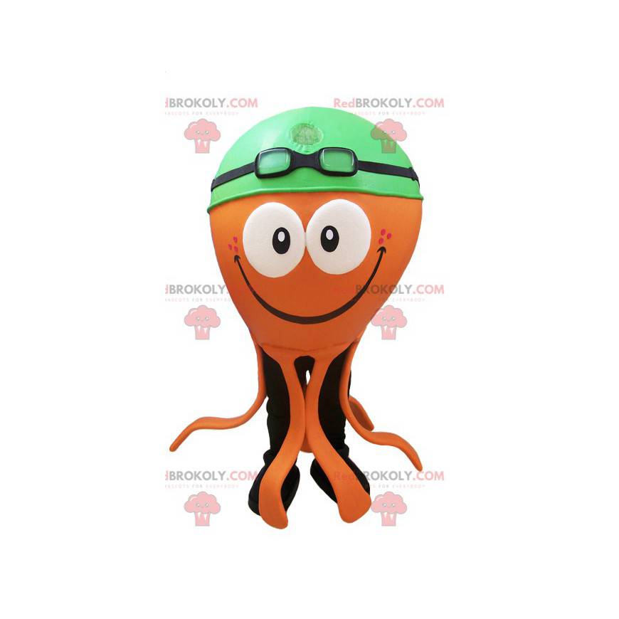 Orange bläckfiskmaskot med en grön badmössa - Redbrokoly.com