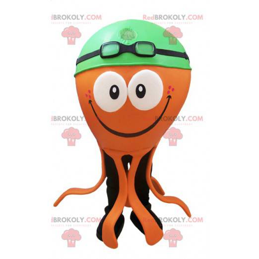Mascotte di polpo arancione con una cuffia da nuoto verde -