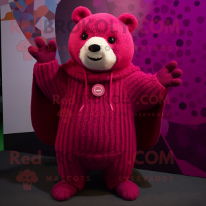 Magenta Bear mascot costume character dressed with a Sweater and Shawl pins