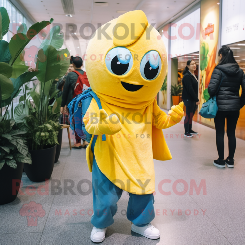Yellow Spinach mascot costume character dressed with a Boyfriend Jeans and Scarves Yellow Spinach mascot costume character dressed with a Boyfriend Jeans and Scarves