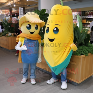 Yellow Spinach mascot costume character dressed with a Boyfriend Jeans and Scarves
