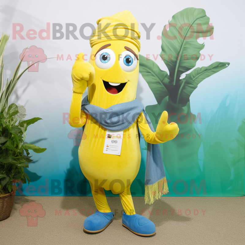 Yellow Spinach mascot costume character dressed with a Boyfriend Jeans and Scarves Yellow Spinach mascot costume character dressed with a Boyfriend Jeans and Scarves