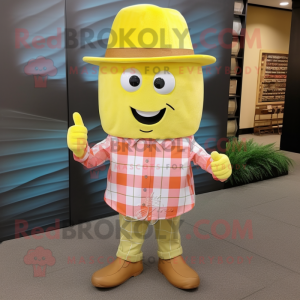 Lemon Yellow Ray mascot costume character dressed with a Flannel Shirt and Hat pins