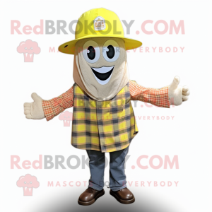 Lemon Yellow Ray mascot costume character dressed with a Flannel Shirt and Hat pins