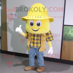 Lemon Yellow Ray mascot costume character dressed with a Flannel Shirt and Hat pins