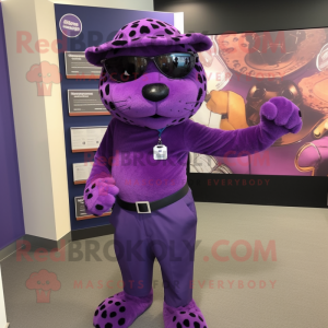 Purple Jaguar mascot costume character dressed with a Culottes and Hat pins