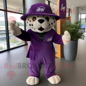 Purple Jaguar mascot costume character dressed with a Culottes and Hat pins