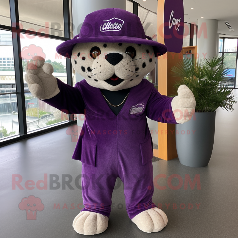 Purple Jaguar mascot costume character dressed with a Culottes and Hat pins Purple Jaguar mascot costume character dressed with a Culottes and Hat pins
