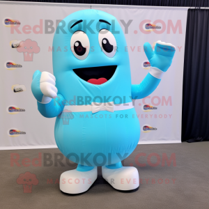 Sky Blue Boxing Glove mascot costume character dressed with a Maxi Skirt and Foot pads