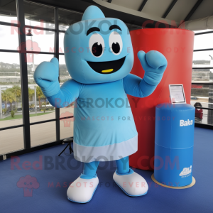 Sky Blue Boxing Glove mascot costume character dressed with a Maxi Skirt and Foot pads