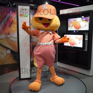 Peach Hens mascot costume character dressed with a Leggings and Hat pins