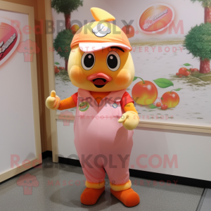 Peach Hens mascot costume character dressed with a Leggings and Hat pins