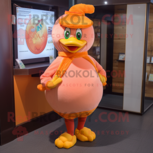Peach Hens mascot costume character dressed with a Leggings and Hat pins