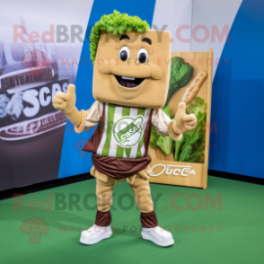 Brown Caesar Salad mascot costume character dressed with a Yoga Pants and Pocket squares