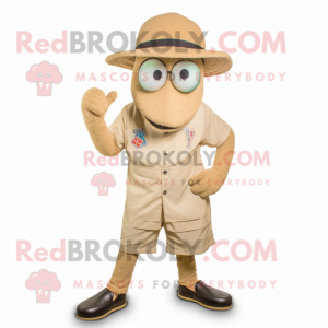 Beige Jambalaya mascot costume character dressed with a Bermuda Shorts and Hat pins