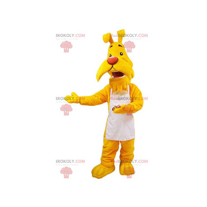 Mustache yellow dog mascot dressed in a white apron -