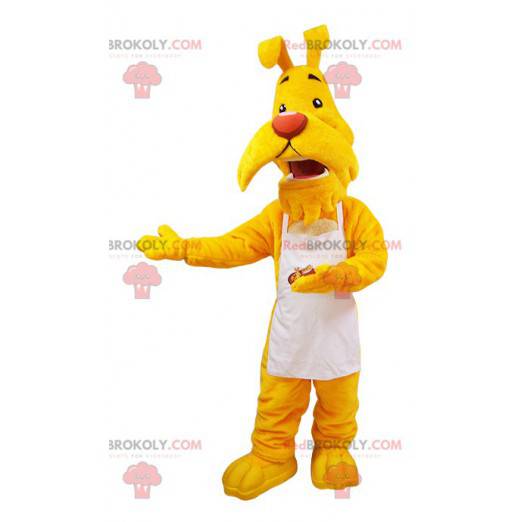 Mustache yellow dog mascot dressed in a white apron -