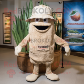 Beige Jambalaya mascot costume character dressed with a Bermuda Shorts and Hat pins