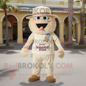 Beige Jambalaya mascot costume character dressed with a Bermuda Shorts and Hat pins
