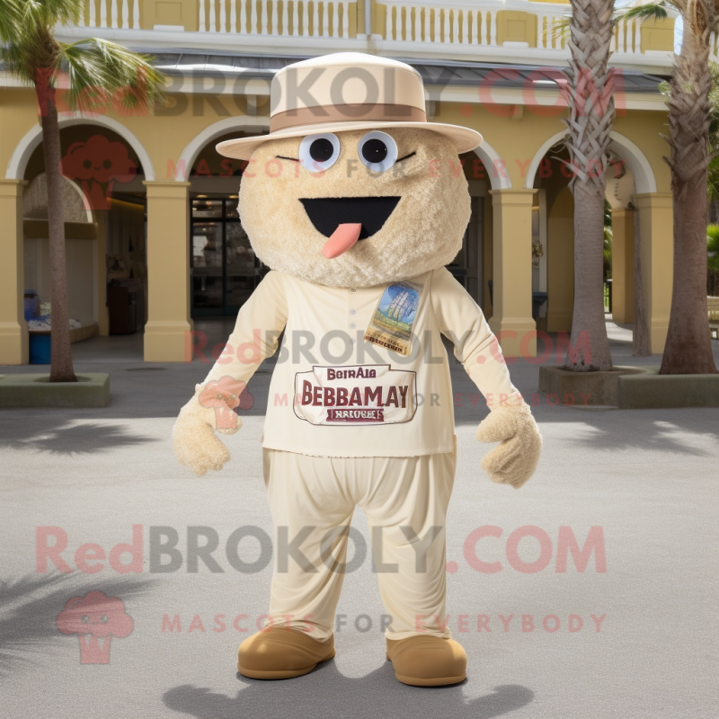 Beige Jambalaya mascot costume character dressed with a Bermuda Shorts and Hat pins Beige Jambalaya mascot costume character dressed with a Bermuda Shorts and Hat pins