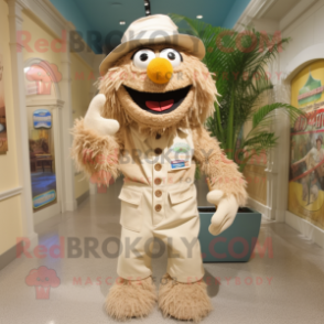 Beige Jambalaya mascot costume character dressed with a Bermuda Shorts and Hat pins