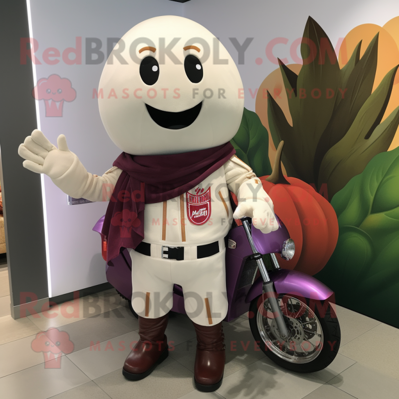 Cream Beet mascot costume character dressed with a Moto Jacket and Shawls Cream Beet mascot costume character dressed with a Moto Jacket and Shawls