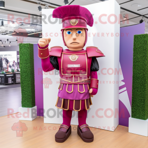 Magenta Roman Soldier mascot costume character dressed with a Suit Pants and Earrings
