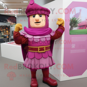 Magenta Roman Soldier mascot costume character dressed with a Suit Pants and Earrings