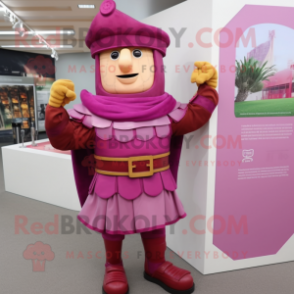Magenta Roman Soldier mascot costume character dressed with a Suit Pants and Earrings